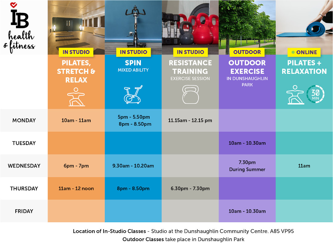 A fitness classes timetable including 30 minutes online classes