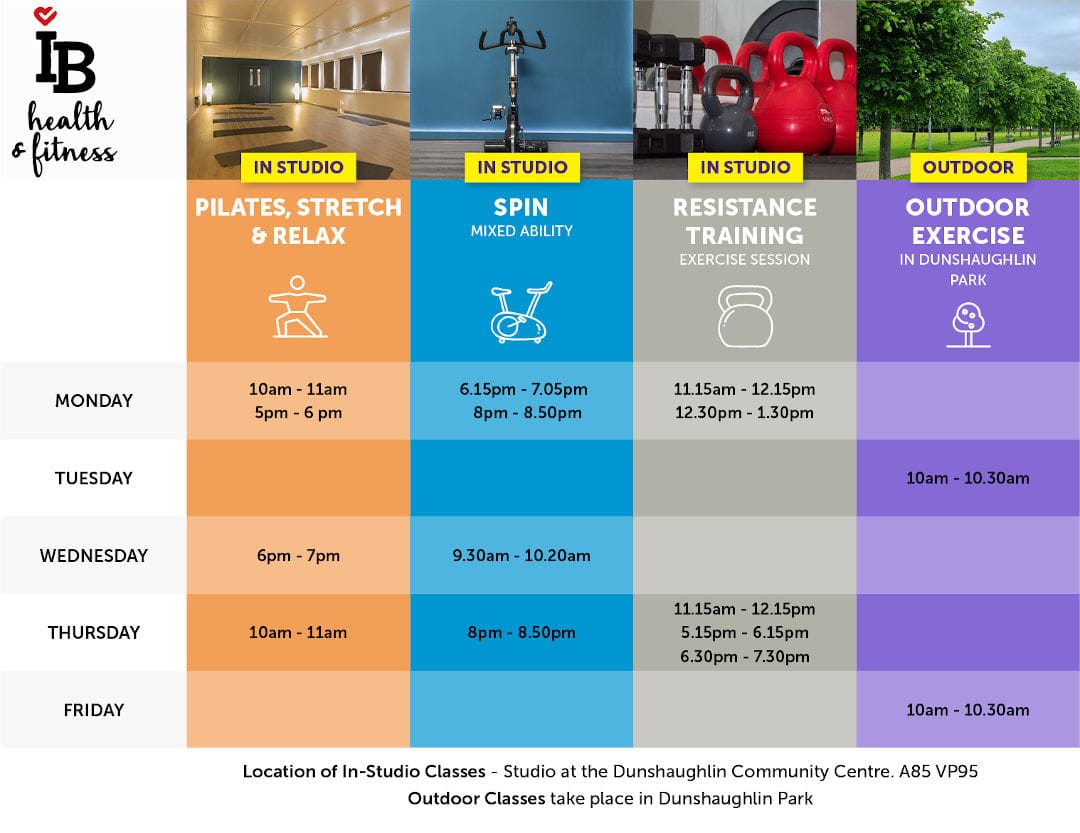 A fitness classes timetable including 30 minutes online classes